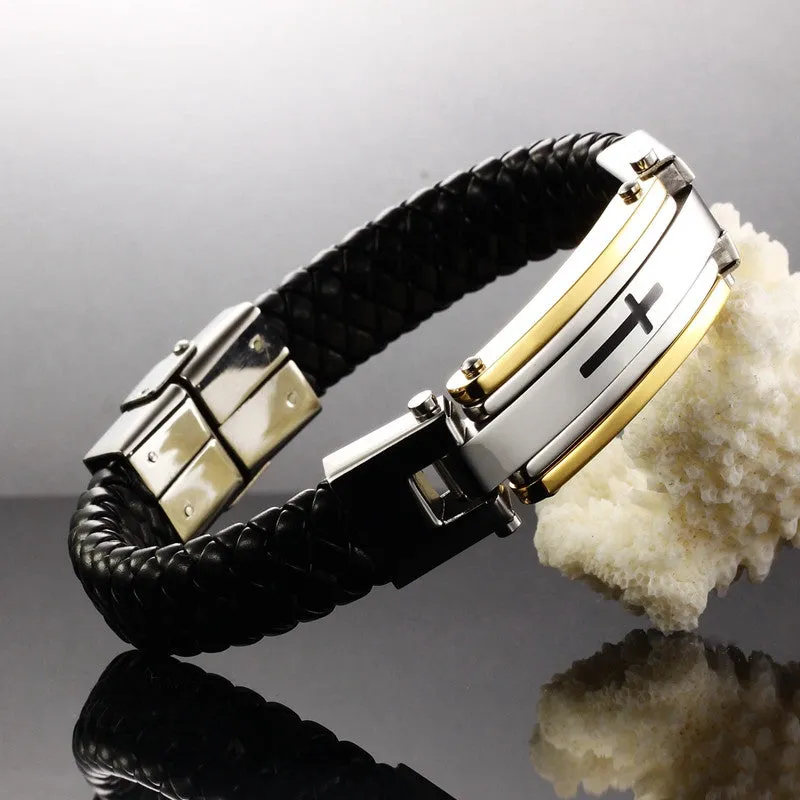 New fashion fine jewelry men cross leather stainless steel bracelets vintage bangle male accessories gifts