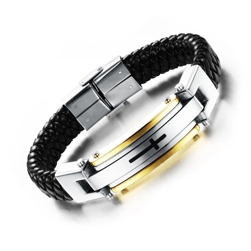 New fashion fine jewelry men cross leather stainless steel bracelets vintage bangle male accessories gifts