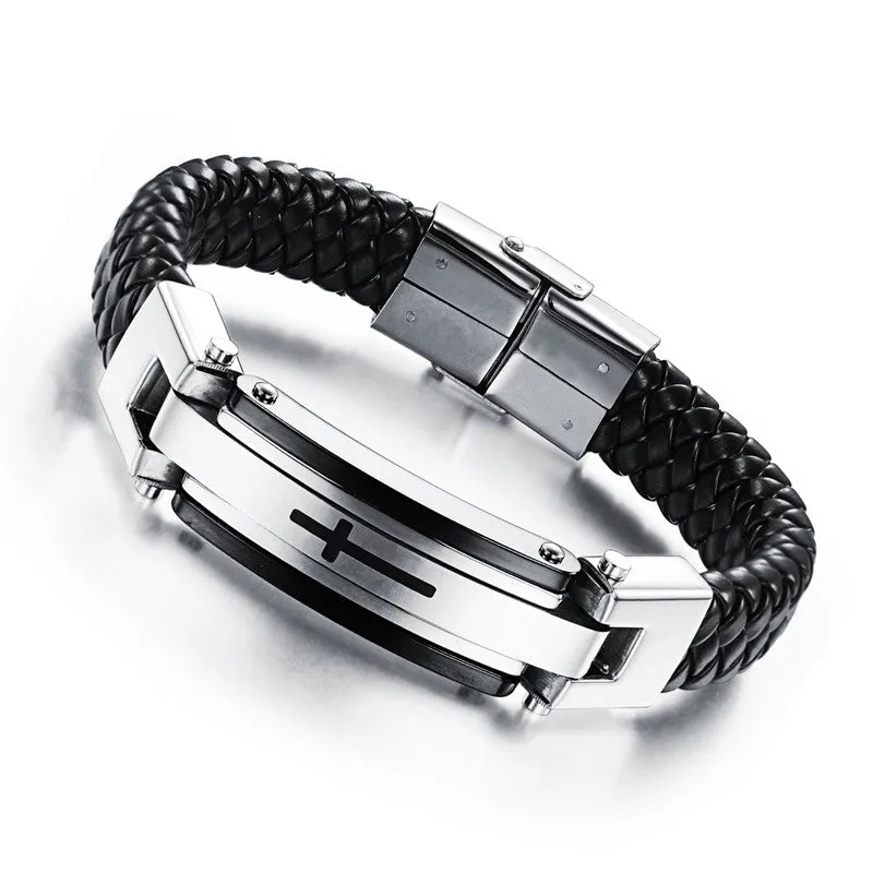 New fashion fine jewelry men cross leather stainless steel bracelets vintage bangle male accessories gifts