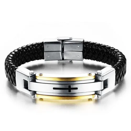 New fashion fine jewelry men cross leather stainless steel bracelets vintage bangle male accessories gifts