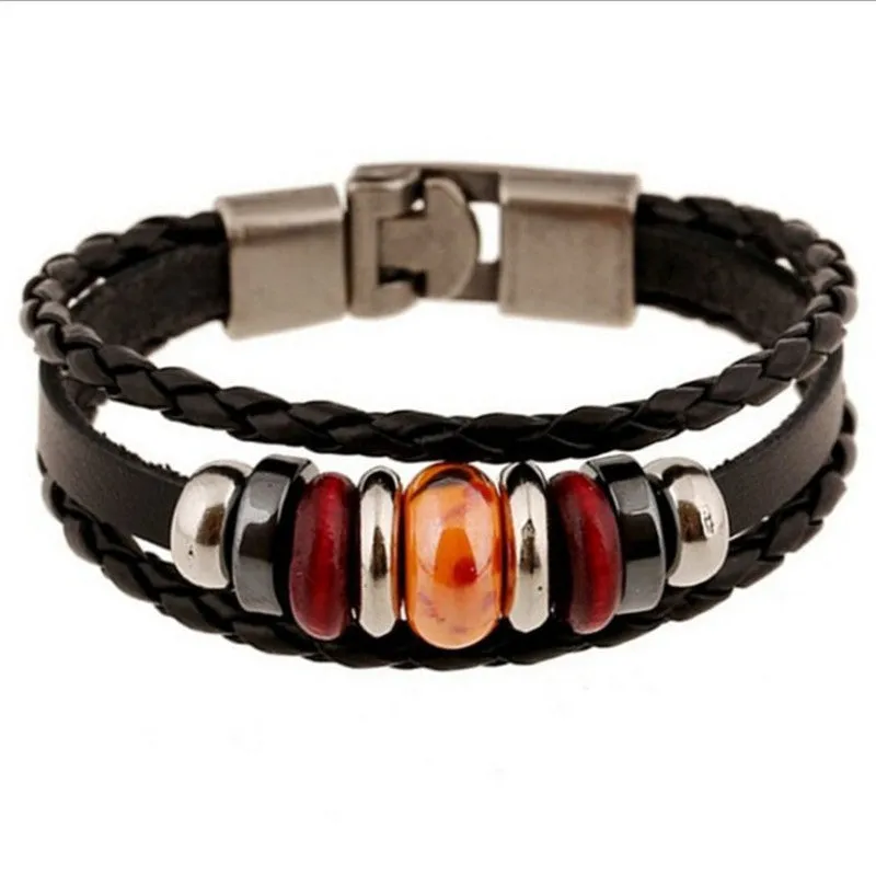 New Fashion Genuine Leather Wrap Bracelets Men Black Cowhide Braided Bracelets Bangles