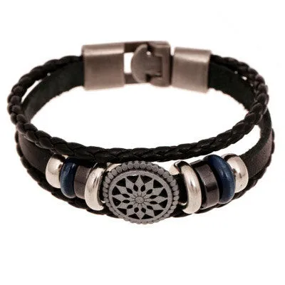 New Fashion Genuine Leather Wrap Bracelets Men Black Cowhide Braided Bracelets Bangles