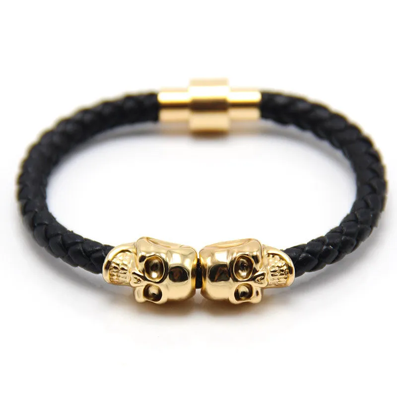 New Fashion Punk Genuine Skull Leather man Bracelet for Man Women in colors with twin skull design Men Bangles