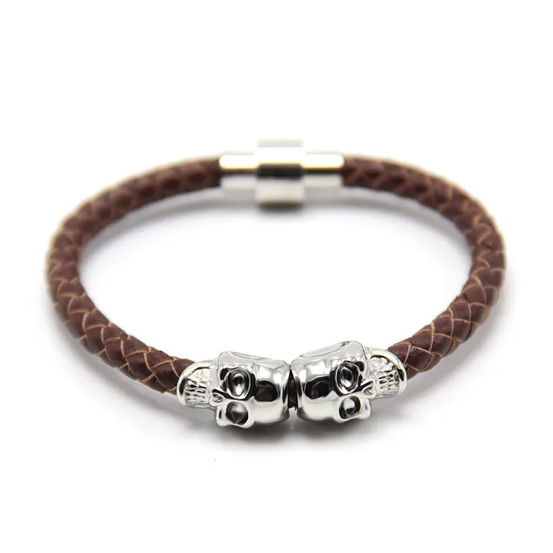 New Fashion Punk Genuine Skull Leather man Bracelet for Man Women in colors with twin skull design Men Bangles