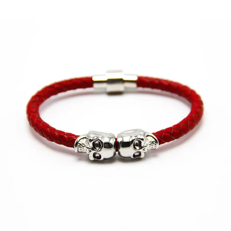 New Fashion Punk Genuine Skull Leather man Bracelet for Man Women in colors with twin skull design Men Bangles