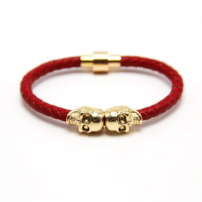 New Fashion Punk Genuine Skull Leather man Bracelet for Man Women in colors with twin skull design Men Bangles