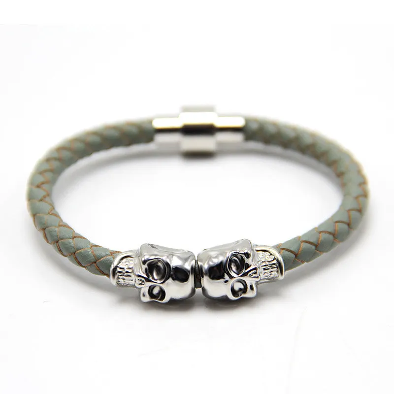 New Fashion Punk Genuine Skull Leather man Bracelet for Man Women in colors with twin skull design Men Bangles