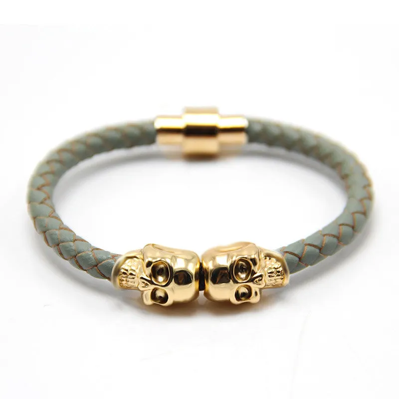 New Fashion Punk Genuine Skull Leather man Bracelet for Man Women in colors with twin skull design Men Bangles