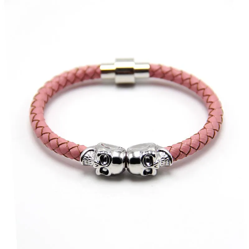 New Fashion Punk Genuine Skull Leather man Bracelet for Man Women in colors with twin skull design Men Bangles