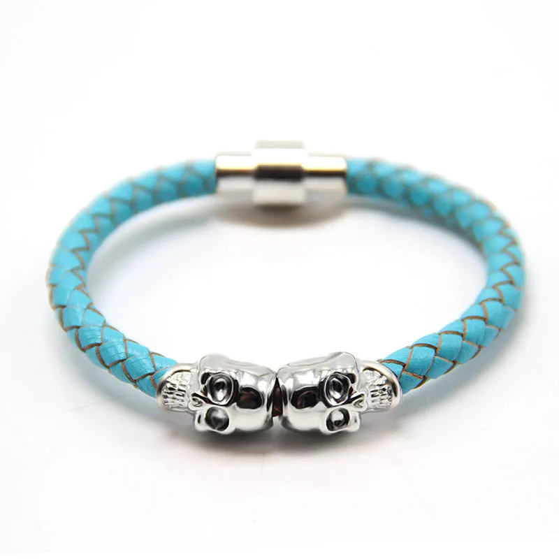 New Fashion Punk Genuine Skull Leather man Bracelet for Man Women in colors with twin skull design Men Bangles