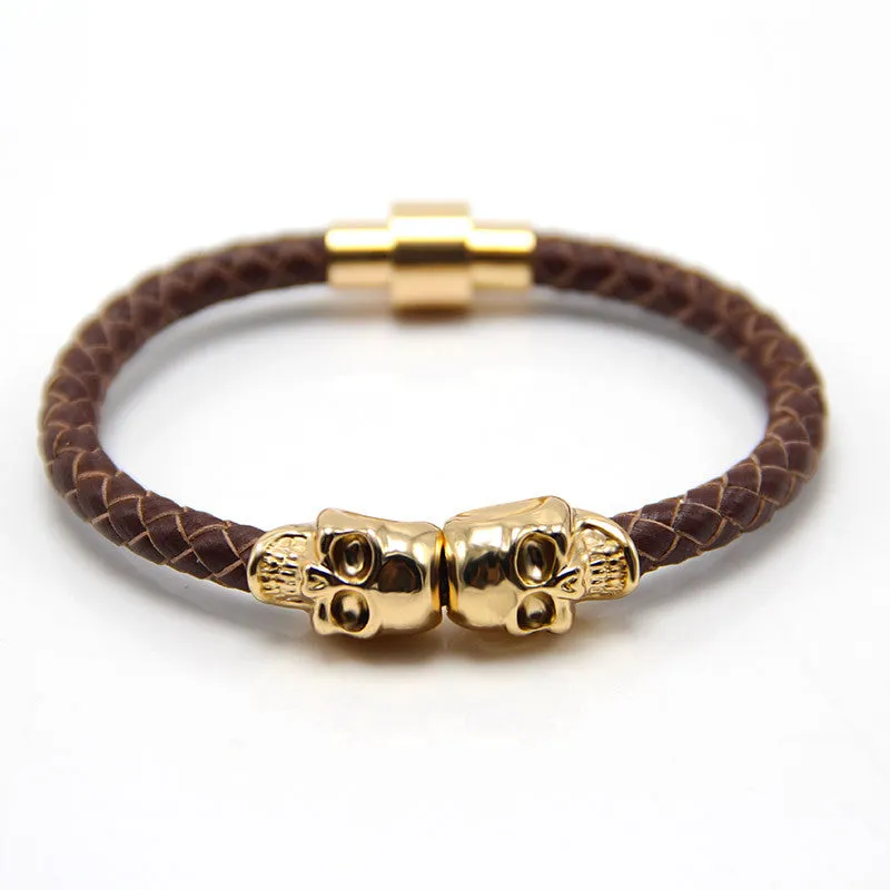 New Fashion Punk Genuine Skull Leather man Bracelet for Man Women in colors with twin skull design Men Bangles