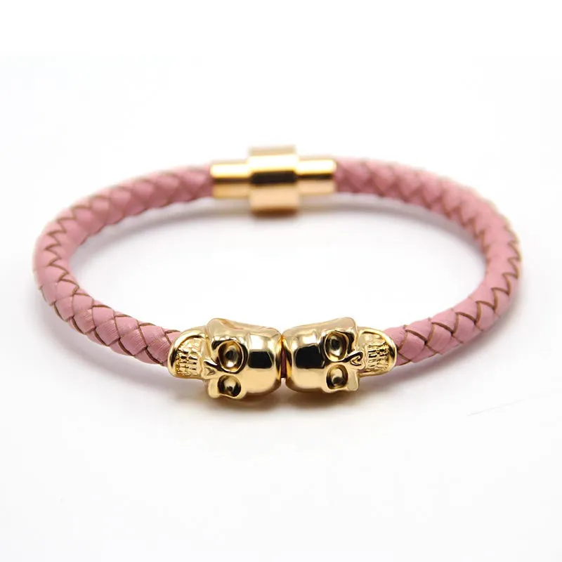 New Fashion Punk Genuine Skull Leather man Bracelet for Man Women in colors with twin skull design Men Bangles