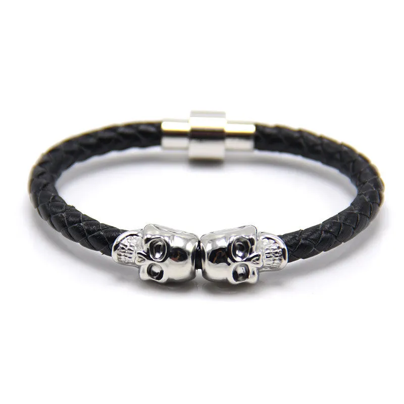 New Fashion Punk Genuine Skull Leather man Bracelet for Man Women in colors with twin skull design Men Bangles