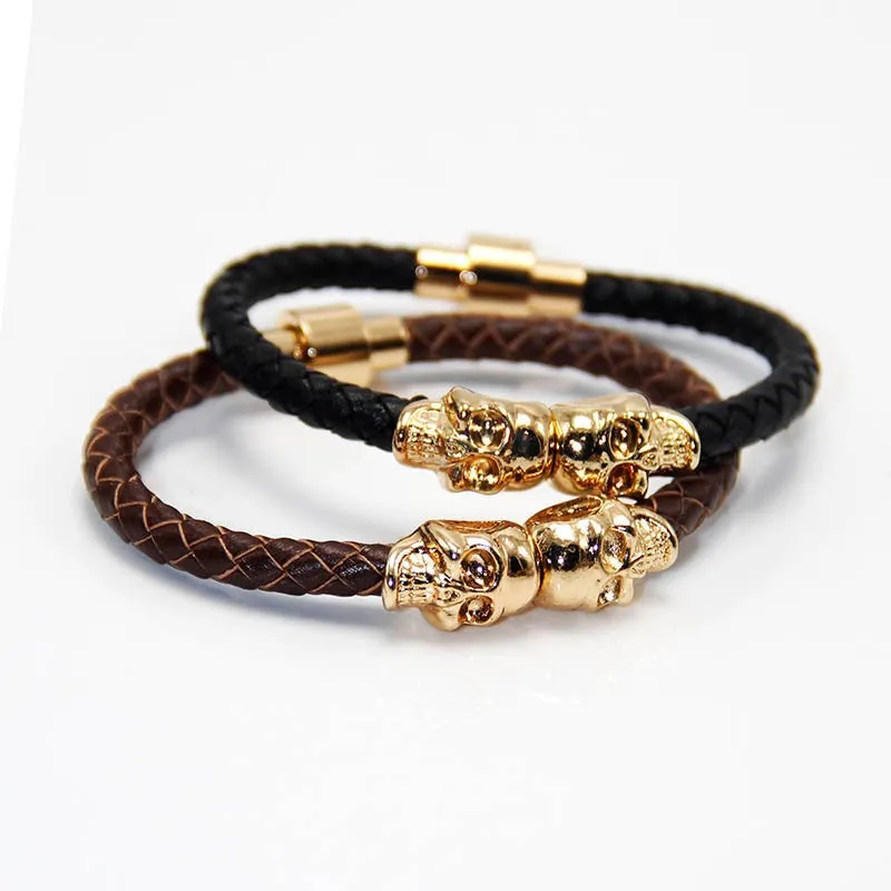 New Fashion Punk Genuine Skull Leather man Bracelet for Man Women in colors with twin skull design Men Bangles