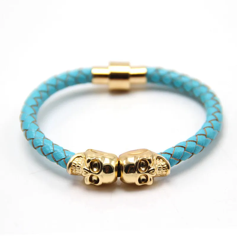 New Fashion Punk Genuine Skull Leather man Bracelet for Man Women in colors with twin skull design Men Bangles