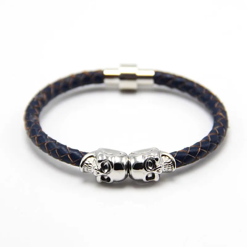 New Fashion Punk Genuine Skull Leather man Bracelet for Man Women in colors with twin skull design Men Bangles