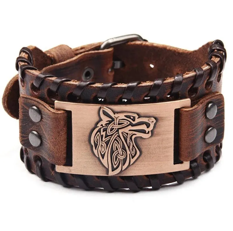 Nordic Wolf Head Leather Bracelet