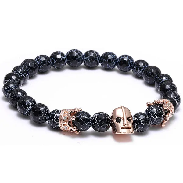 Roman Knight Spartan Warrior Gladiator Helmet Bracelet Men Natural Agate Weathered rocks Stone Bead Bracelet With Crown CZ Charm