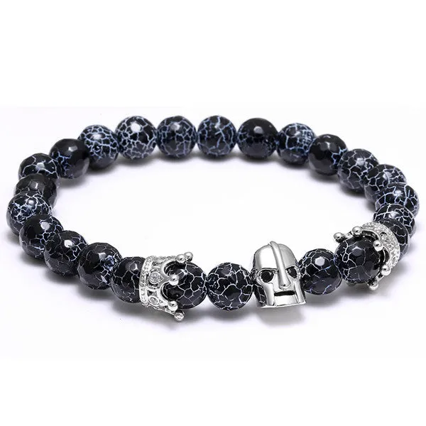 Roman Knight Spartan Warrior Gladiator Helmet Bracelet Men Natural Agate Weathered rocks Stone Bead Bracelet With Crown CZ Charm