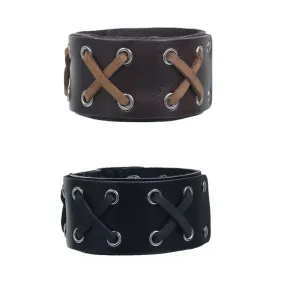 Set of 2 Mens Genuine Real Leather Wrist Bracelet Wide Casual Wristband Cuff Bangle Adjustable