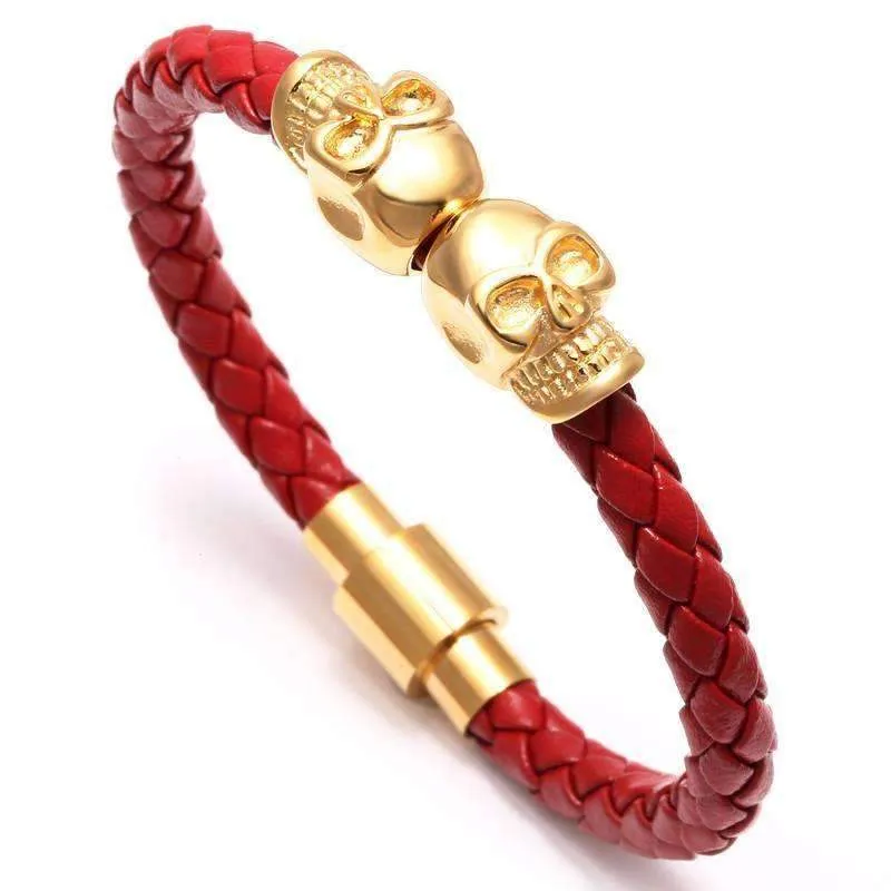 Siamese Skull Head Genuine Leather Bracelet