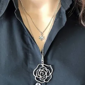 Silver Flower and Leaf Layered Long Necklace