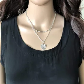 Silver Layered Branch and Heart Leaf Necklace