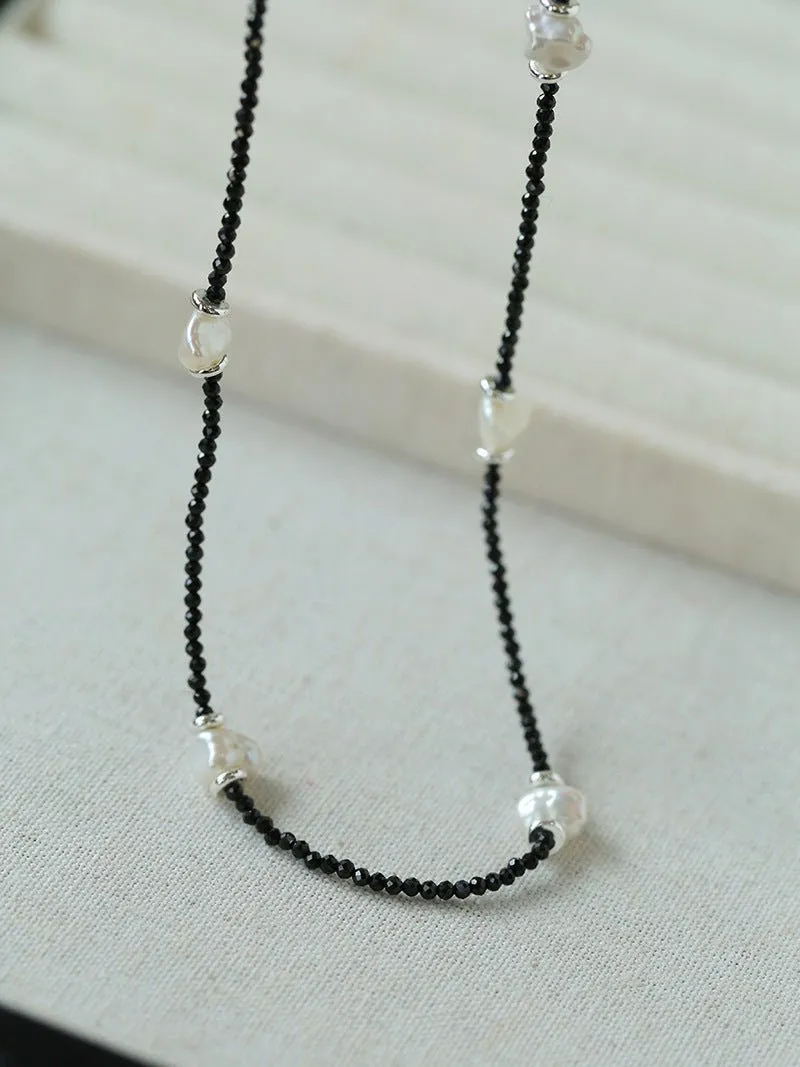 Small Petal Baroque Pearl and Black Spinel Beaded Necklace