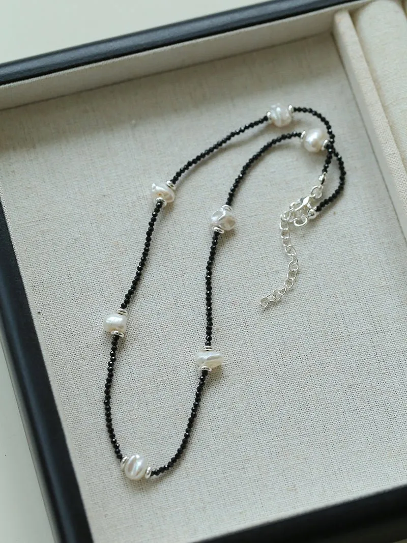 Small Petal Baroque Pearl and Black Spinel Beaded Necklace