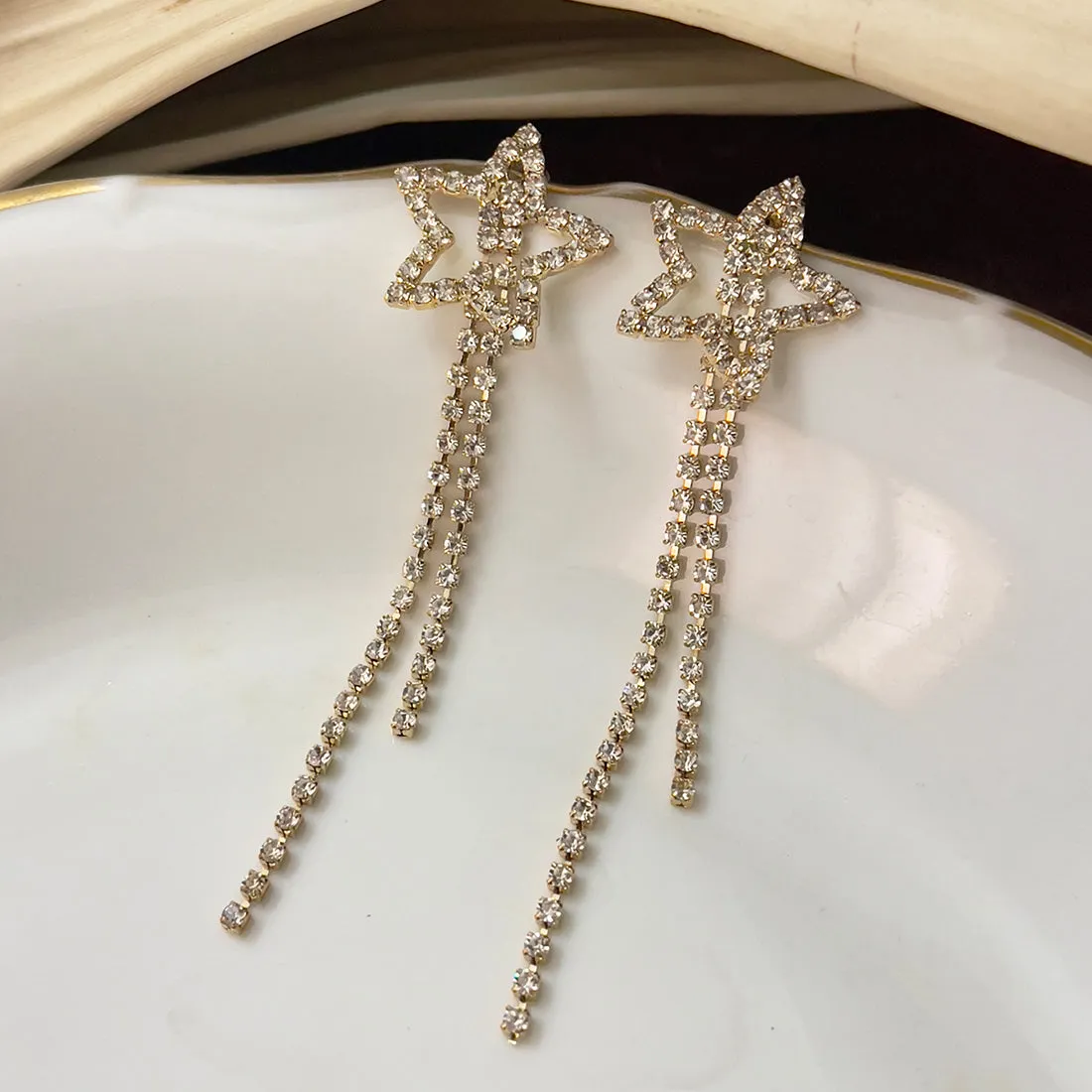 Star White Diamante Crystal Studded Gold-Toned Long Tassel Drop Earrings