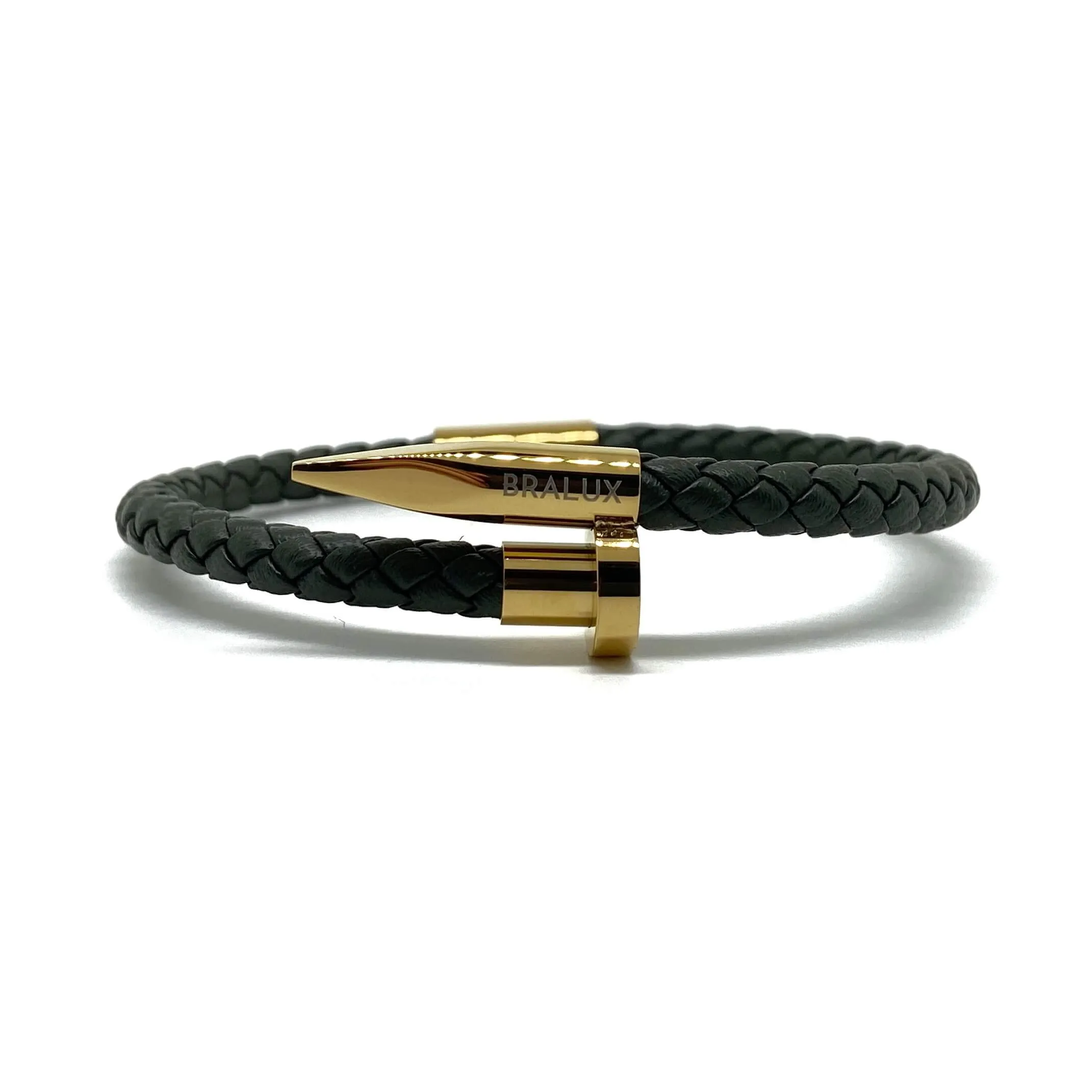 The Army Green and Gold Plated Nail Leather Bracelet