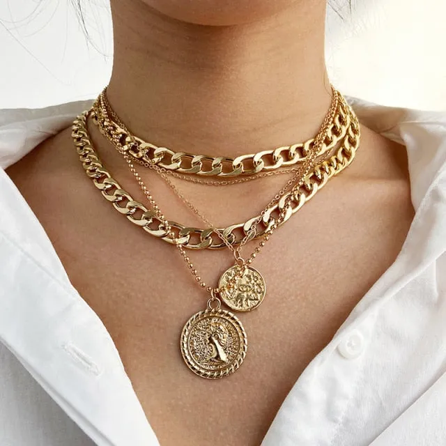 Vintage Coin Pendant Layered Necklaces