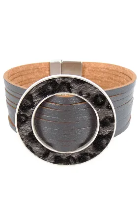 Viola Gray Faux Leather Gray Leopard Ring Multi-Strand Magnetic Bracelet