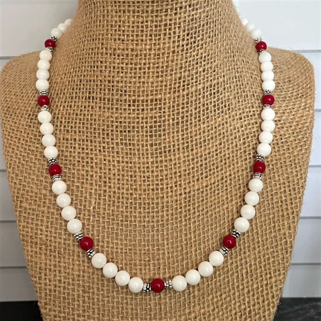 White Shell and Red Coral Beaded Necklace