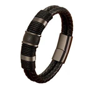 Woven Leather Rope Stainless Steel Mens Punk Bracelets