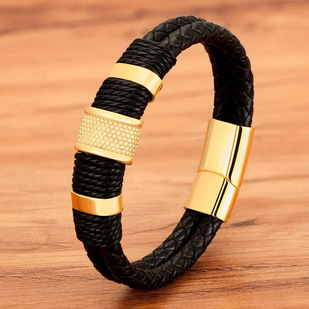 Woven Leather Rope Stainless Steel Mens Punk Bracelets